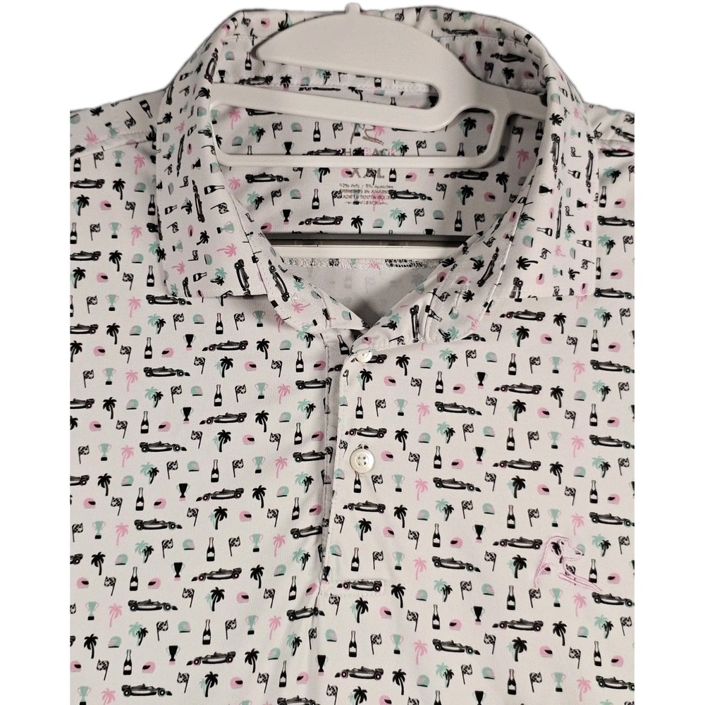 Rhoback White Polo Shirt with Black and Pink Print